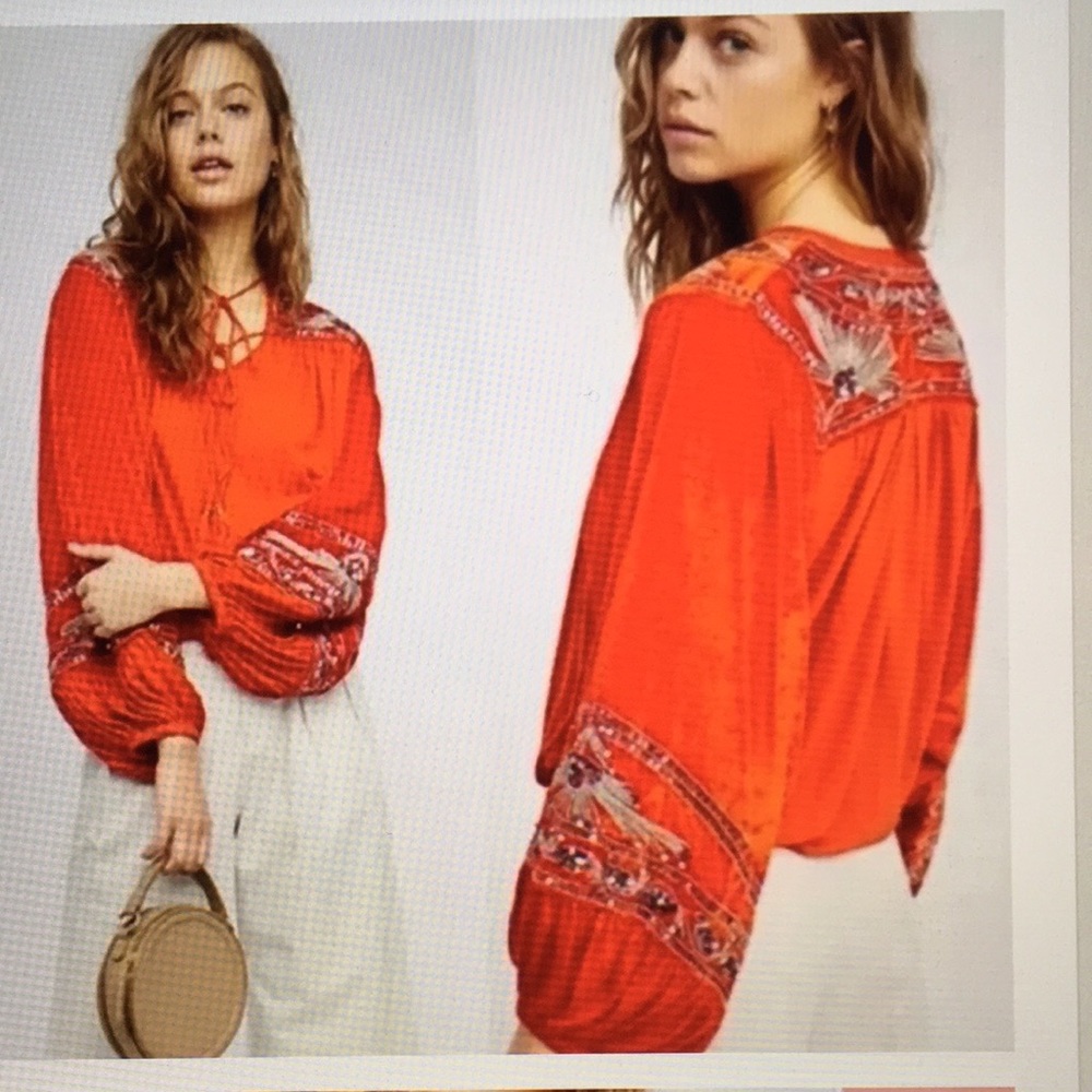 Free People Hearts Aflame Orange Blouse. Med